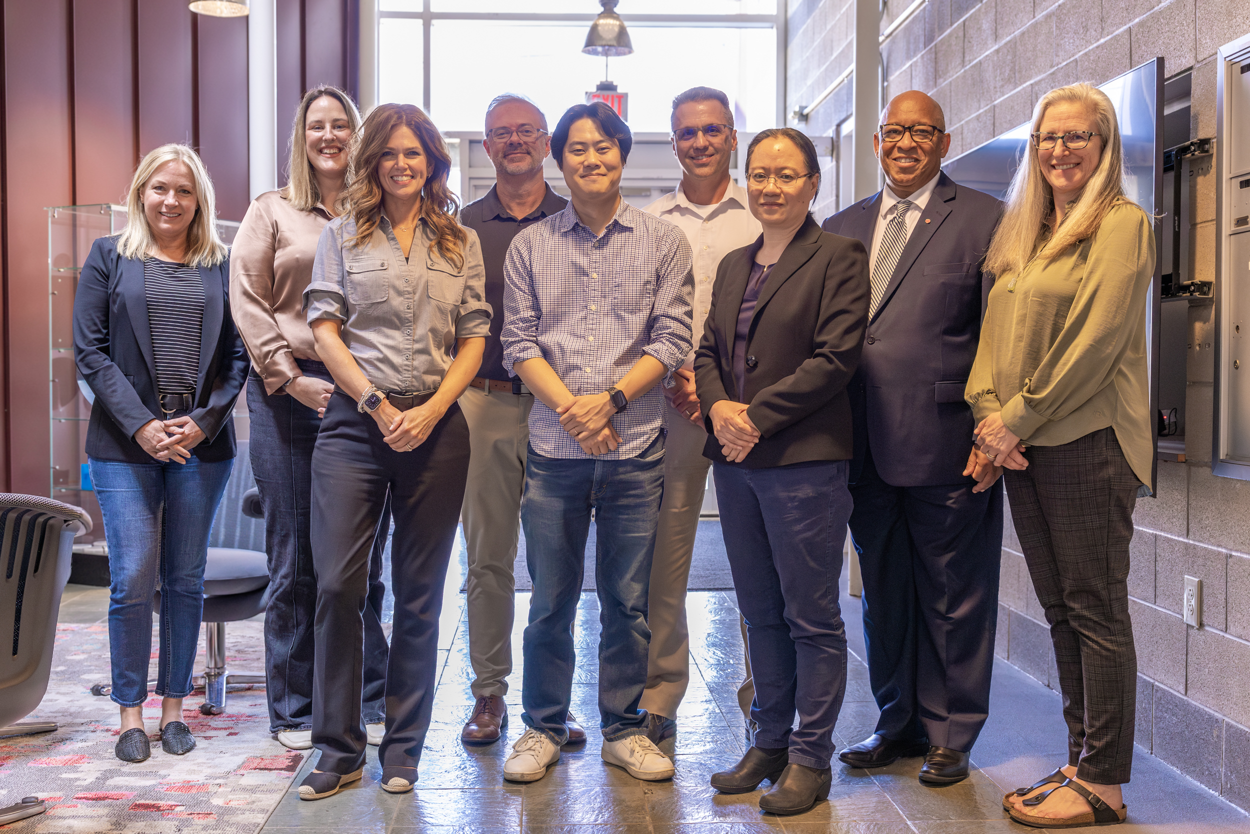 BATTERI team members, from left to right: IMR innovation manager Kari Roth; IMR proposal development specialist Joanna Gardner; IMR program assistant Laurie Coyne; Co-PI Matthew Mayhew, William Ray and Marie Adamson Flesher Professor of Educational Administration; Jung-Hyun Kim, associate professor in Mechanical and Aerospace Engineering; PI Jay Sayre, IMR director of innovation; Qingmin Xu, Energy Innovation Laboratory manager at Nanotech West Lab; Co-PI Lenroy Jones, director of Career Services at Columbus State Community College; Co-PI Caroline Crisafulli, director of Entrepreneurial Education at the Keenan Center for Entrepreneurship; and Co-PI Jeff Bielicki, program director of the Ohio State EmPOWERment Program, not pictured.