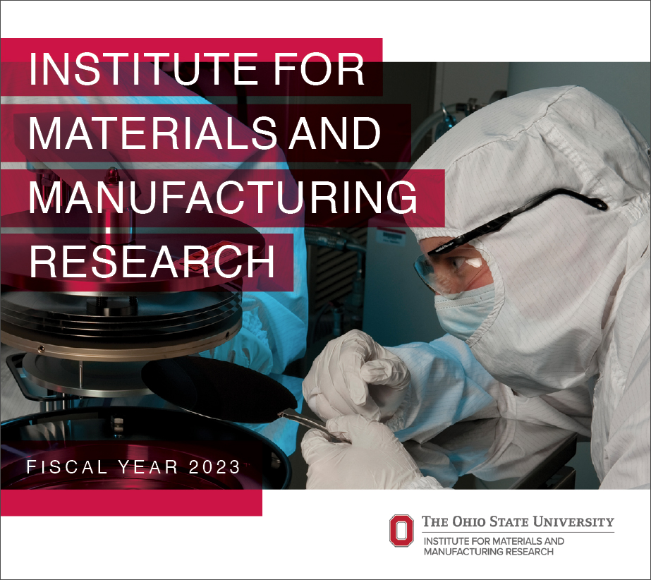 Cover of IMR FY23 Annual Report showing two researchers with a semiconductor wafer.