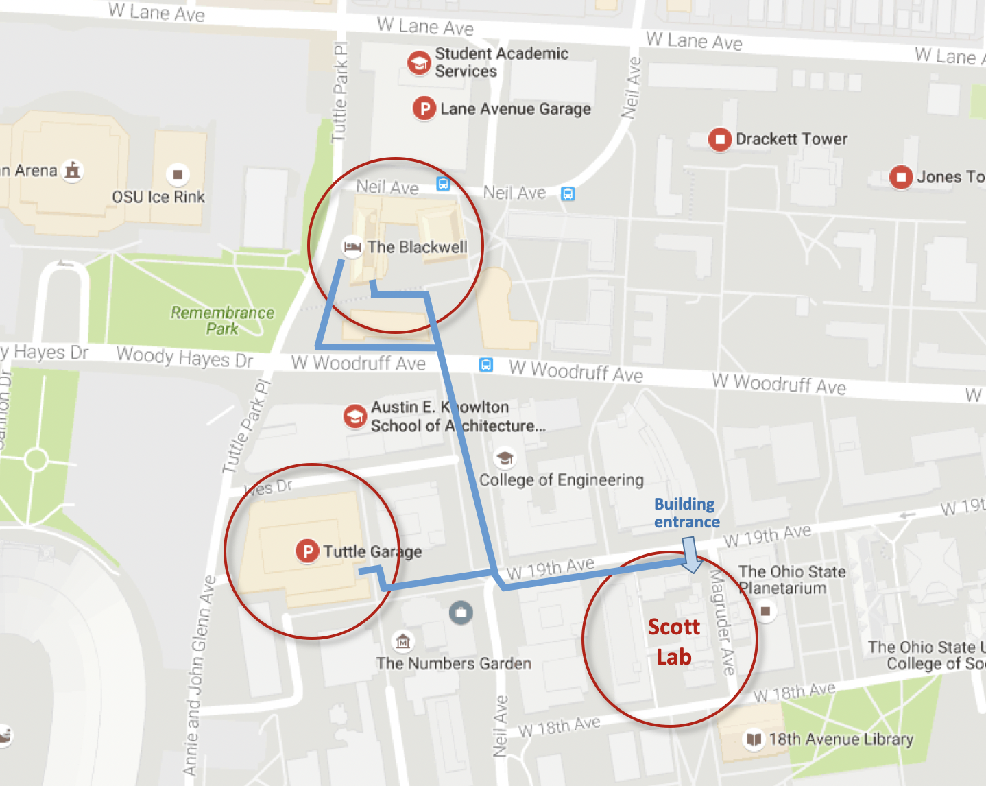 Map showing locations of Scott Lab, the Blackwell Inn and adjacent parking garage.