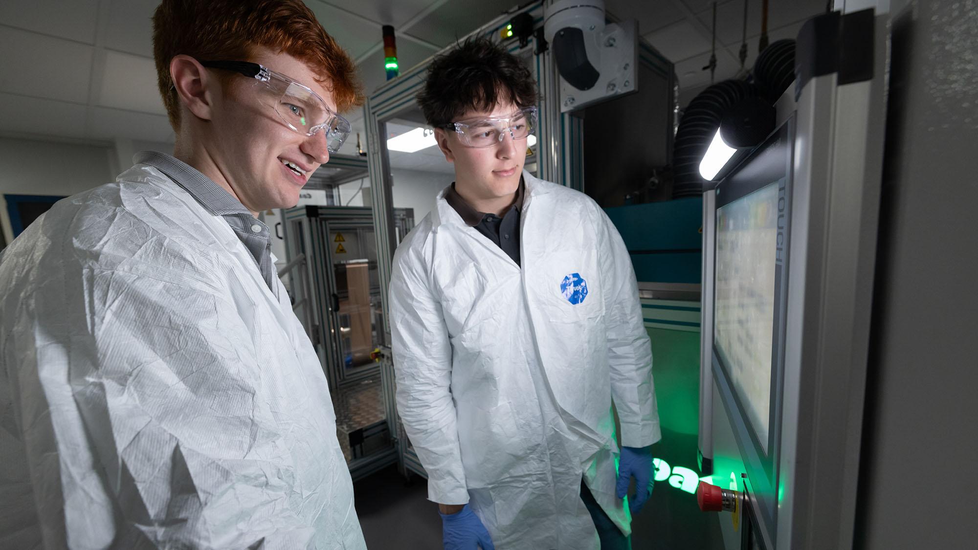 Ohio State students Bennett Kolda (left) and Austin Porter are part of the inaugural cohort of Ohio State's BATTERI program internship, which is giving them experience at the cutting edge of next-generation battery development.